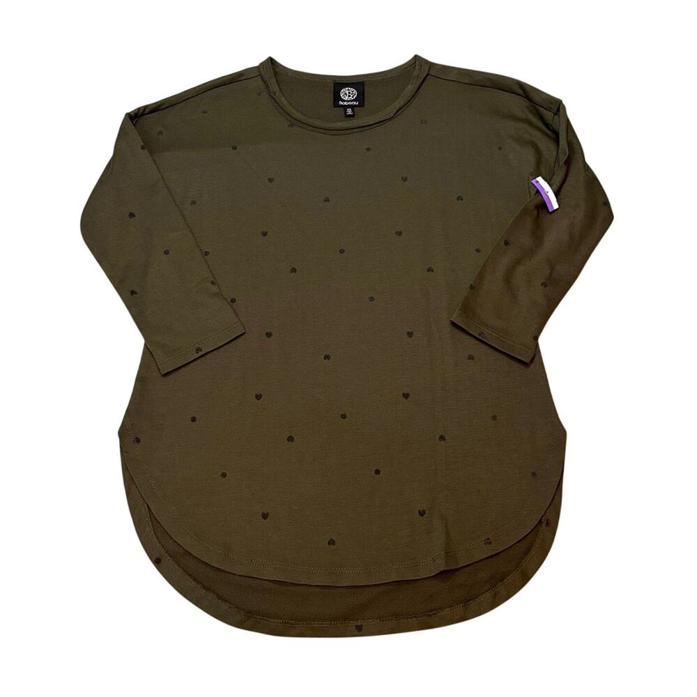 Bobeau Olive Heart Print Knit Top XS Hi Low 3/4 Sleeve Shirt
